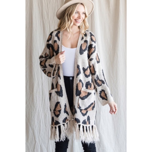 SOLD OUT Oatmeal Leopard Animal Printed Fringe Hem Open Knit Cardigan Sweater - Picture 3 of 9